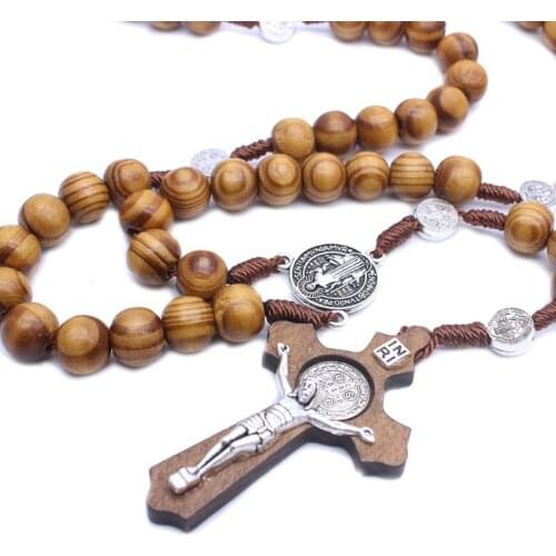 Fashion Handmade Round Bead Catholic Rosary Cross Religious Wood Beads Men Necklace Charm Gift