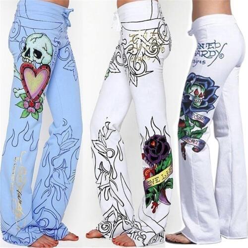 Fashion Women Baggy Skull Rose Printed Pants Slim Hippie Wide Leg Boho Plus size Trousers