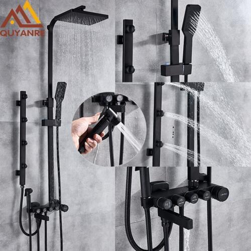 Quyanre Matte Black Chrome Shower Faucets Set Brass 5-way Button Control Mixer Tap SPA Massage Jets Shower Bidet Bath Shower Set