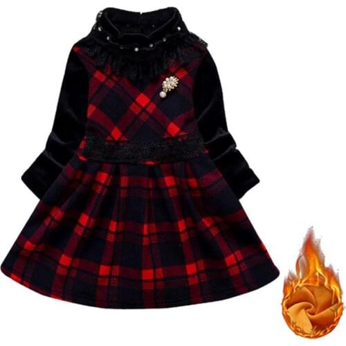 2021 New Girls Clothing Full Sleeve Winter Warm Thick Wool Autumn Plaid Dresses For Children Birthday Princess Party Costumes
