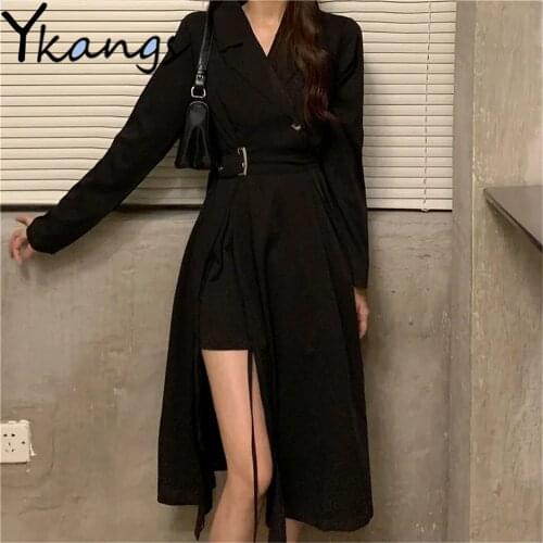 Spring Autumn Classic Black Tailored Collar Midi Dress Long Sleeves Lrregular Sashes Big Size Vestiti Elegant Vintage Frenulum