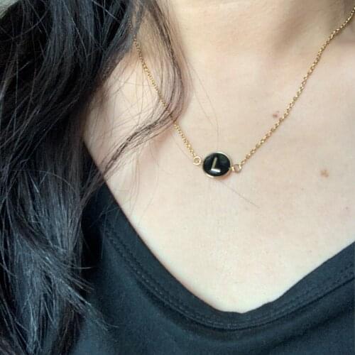 Simple Enamel Black Coin A-Z Alphabet Charm Choker Necklace Classic Initial 26 Letters Gold Color Stainless Steel Chain Jewelry
