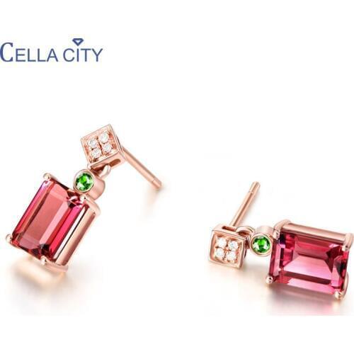Cellacity Trendy Silver 925 Jewelry Rectangle Ruby Earrings for Women Geometry Gemstones Female Short Ear drops Rose Gold Color