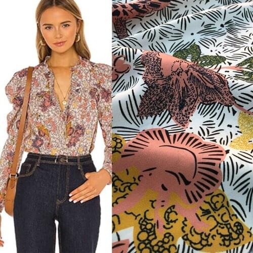 145cm Width Flower/Tree/Bird Printed Imitate Silk Satin Fabric For Woman Summer Blouse Dress Sewing DIY