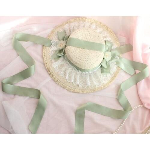Original Handmade Lolita Sun Protection Hat Bow Lace Sun Hat with Wide Brim Lolita Straw Hat