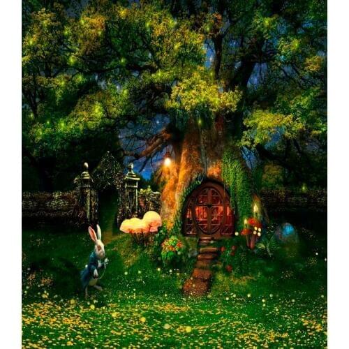 TR Cartoon Forest Tree House Backdrops Easter Rabbit Eggs Backgrounds Mushroom Green Grass Meadow Flower Baby Children Backdrops