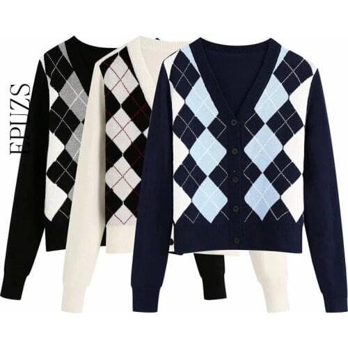 Vintage argyle pink Cardigan sweater women crop Sweater Fashion Long Sleeve knitted sweater casual women coat Chaqueta 2020