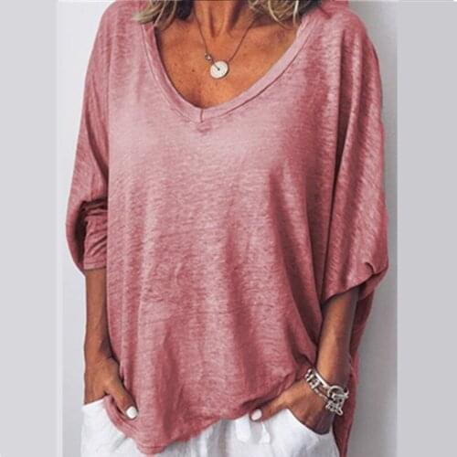 Women Heart Neck Bat Sleeve T-Shirt solid color V-Neck Three Quarter Batwing Sleeve women shirts Gray pink khaki white