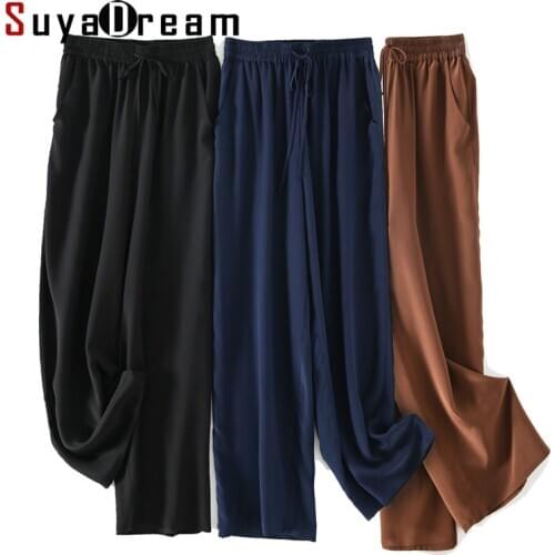 SUYADREAM Silk Solid Long Pants Women 100%Real Silk Crepe Elastic Waist Wide Leg Pants 2020 Autumn Elegant Trousers