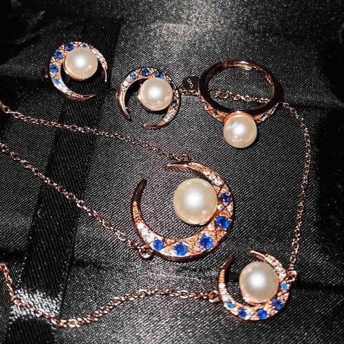 Luxury Moon Star Pearl Crystal Necklace/Bracelet/Earring/Ring Set For Women Rose Gold Jewelry 2021 Trend Wedding Jewelry Set