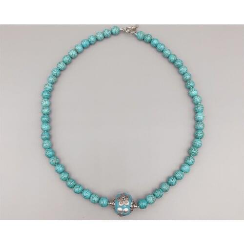 FoLisaUnique 8mm Turquoise Necklace For Women Birthday Gift 18mm Antique Silver Blue Enamel Bead Choker Necklace Casual Jewelry