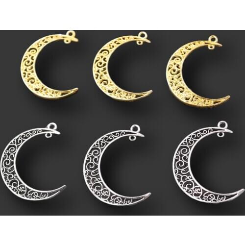 10pcs Two colors Hollow Moon Pendant Retro Necklace Earrings DIY Charms Jewelry Handicraft Making 32*38mm A45