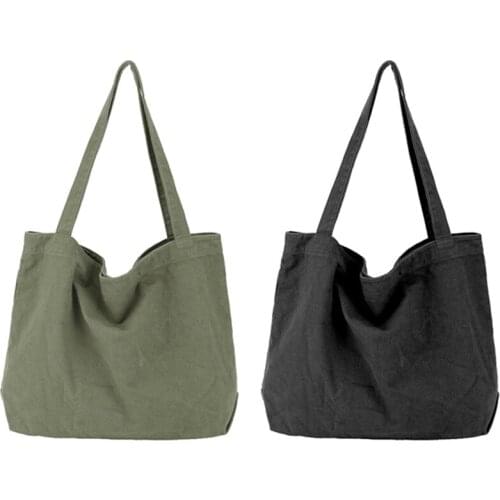 2x Canvas Handbag Simple Mens Large-Capacity Cotton Tote Bag Womens Reusable Shopping Bag (Black/Green)