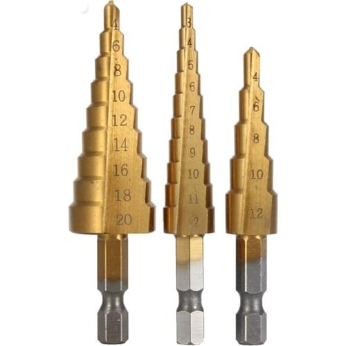 3Pcs/set 3-12mm 4-12mm 4-20mm HSS Straight Groove Step Drill Bit Titanium Coated Wood Metal Hole Cutter Drilling Tools Set
