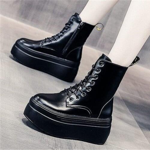 Platform Shoes Womens Cow Leather Ankle Boots Chunky High Heel Oxfords Military Punk Goth 34 35 36 37 38 39
