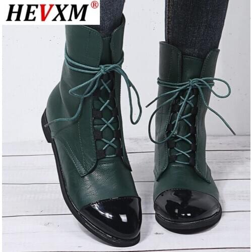 2020 Leather Ankle Boots Women Autumn Winter Pointed Toe Lace Up Shoes Woman Fashion Motorcycle Flat Botas Mujer Plus Size