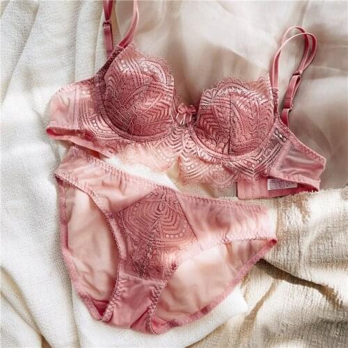 Bra sexy lace thin large size gather underwear suit steel ring comfortable breathable half cup anti-bump lingerie panties suit