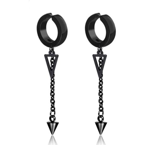 Black Geometric Triangle Clip Earrings Stainless Steel Long Tassel Chain Earring for Men Punk Hip-Hop Male Jewelry