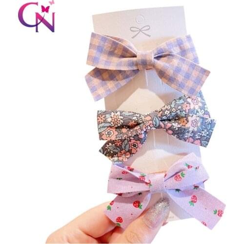 CN 3pcs/set Korean Plaid Hair Bows Hairpin 2021 New Fruit Print Girls Hair Clips Cloth Barrettes Women Kids Hair Accessories
