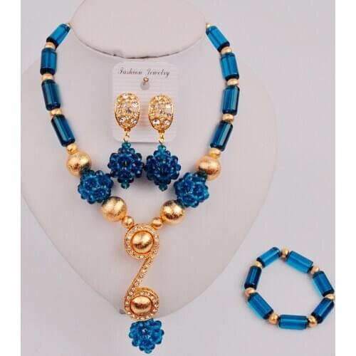 Elegant Navy Blue Crystal Bead Nigerian Wedding Set Women African Beads Party Jewelry Set ZAQ6-08