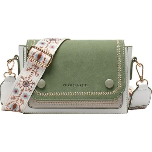 INS Preppy Style Messenger Bags Designer Brand Panelled Embroidery Crossbody/Shoulder Bags Green Floral Wide-strap Bag Women