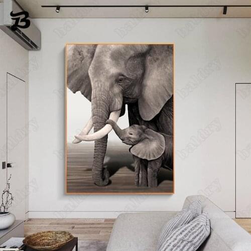 Wild Animal Poster Art Canvas Painting Elephant Family Prints & Poster Black and White Canvas Art Wall Pictures for Living Room