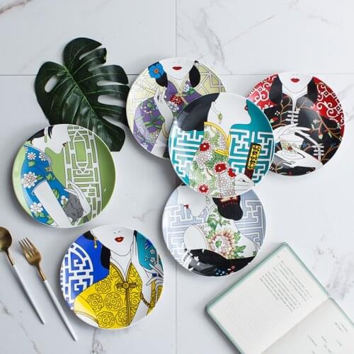 Chinese Tableware Traditional Cheongsam Pattern Dinner Plates Home Decor Ceramic Food Plate Chi-pao Picture Food Dishes