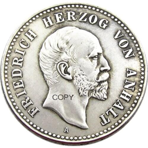 GERMAN 1896 ST. Anhalt-Dessau Friedrich I 5 Mark Silver Plated Copy Coin