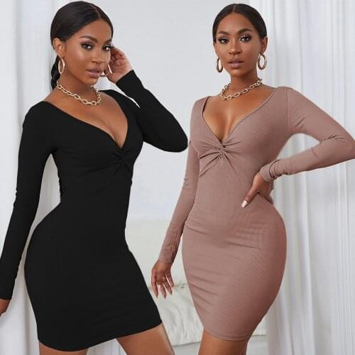 Autumn 2021 Women Black Knitted Dress Sexy Cross Twist V-Neck Long Sleeve Bodycon Mini Dress Lady Slim Fit Party Dresses Vestido