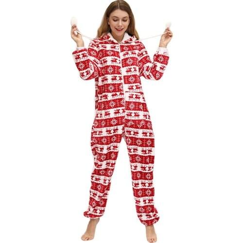 Autumn Winter European And American Flannel Christmas Reindeer Print Thick One-Piece Home Service Pyjamas Ladies Hooded Pajamas