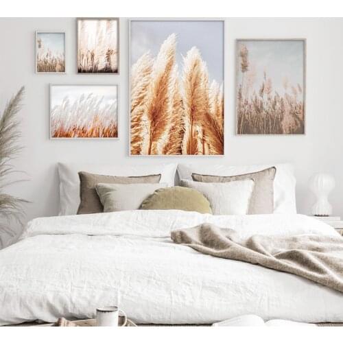 Pampas Grass Wall Art Boho Botanical Photo Pink White Gold Grass Pictures and Posters Modern Farmhouse Print for Bedroom Decor