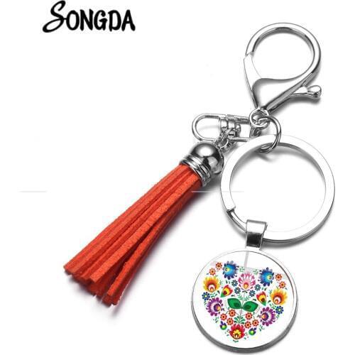 Polish Folk Art Patterns Handmade Keychain 2019 Heart Flower Print Glass Cabochon Handbag Colorful Tassel Key Ring Women