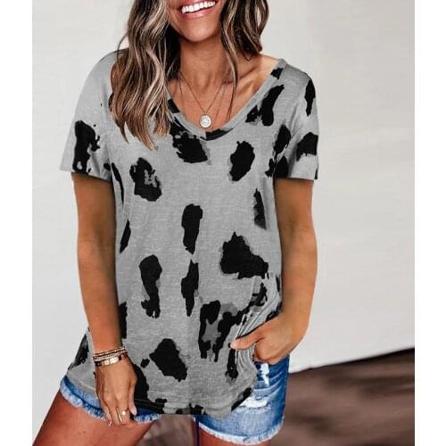 S-3XL Oversized Short Sleeve T-Shirt 2021 Summer Fashion Leisure New Large T-Shirt Sexy V-Neck Womens Leopard Print Loose Top