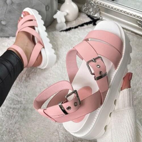 Women Buckle Cross Sandals Female Platform Casual Flat Ladies Summer Beach Shoes Woman Leisure Comfortable Footwear Plus Size