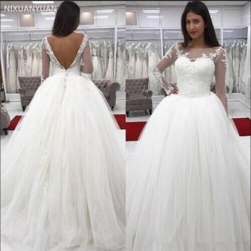 Sexy Wedding Dress with Ilussion Full Sleeves BackLess Tulle Lace Gowns for Western Country Weddings Sheer Neck Custom Made