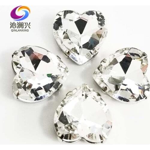 White heart shape top quality Glass Crystal claw rhinestones,sew on stone with holes for Diy Clothing accessories SWH01