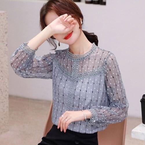 Womens Spring Summer Style Lace Blouses Shirt Womens Polka Dot Patchwork O-neck Long Sleeve Korean Elegant Lace Tops DD8626