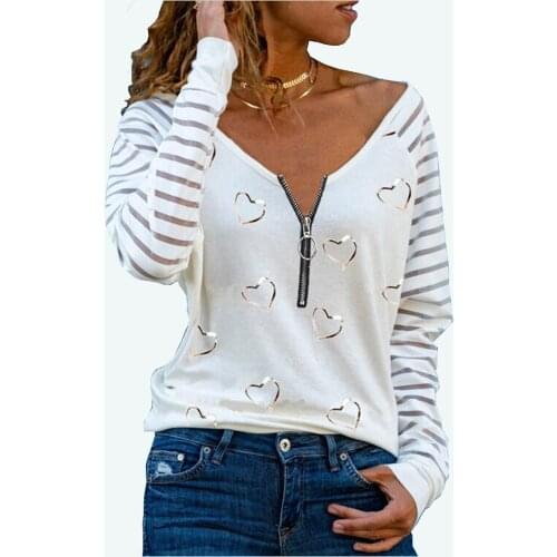 2021 Autumn Fashion Clothing Women Vintage Heart Print Zipper Collar V Neck T-Shirts Casual Loose Long Sleeve Pullover Tops