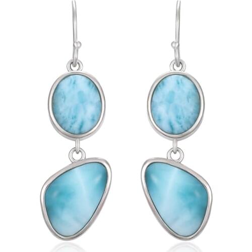 Natural Precious Larimar Earrings for Women 2021 New Simple Fashion Geometric Charm 925 Sterling Silver Jewelry Gift Classic