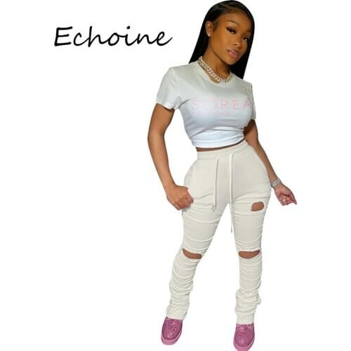 2020 Casual Women Flare Pants Pleated Hole With Pocket Sportwear Sweatpants Women Joggers Women Trousers Solid 5 Color