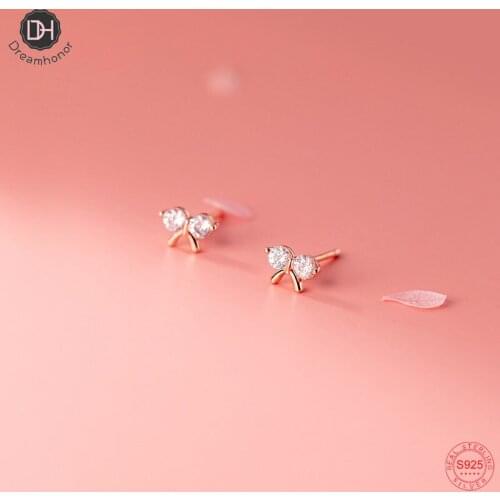 Dreamhonor Fashion Mini Cubic Zircon 925 Sterling Silver Bowknot Stud Earrings For Women Wedding Jewelry