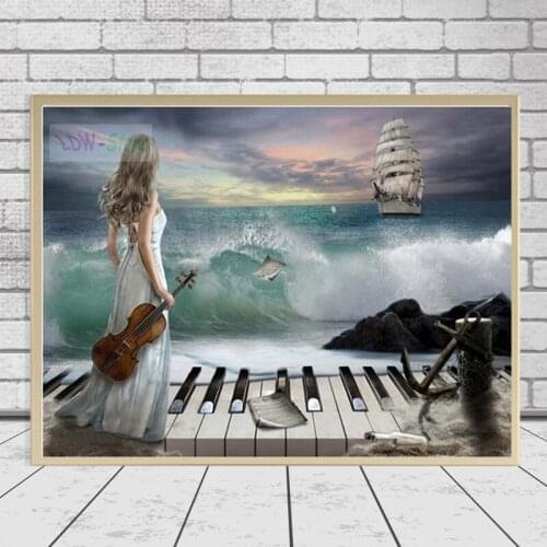 5D DIY Diamond Painting Ocean Wave Violin Girl Square Diamond Embroidery Cartoon Cross Stitch Rhinestone Diamond Mosaic Crafts