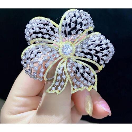 925 sterling silver with cubic zircon flower brooch pins hollow out fine women jewelry free shipping luxury jewelry 54*58MM