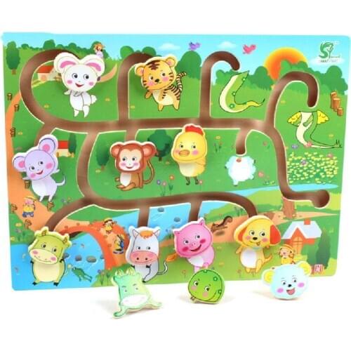 Wooden Montessori Kids Early Learning Slide Labyrinth Puzzle 12 Symbolic Animal Body Matching Preschool Maze Educational Toys