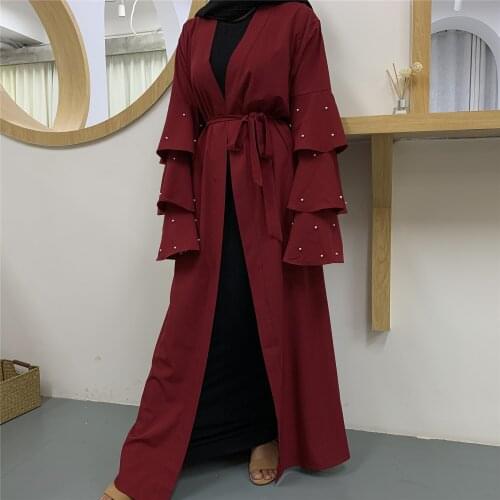 Donsignet Muslim Dress Muslim Fashion Beads Multi-layered Trumpet Sleeves Belt Cardigan Robe Middle East Duabi Abaya Turkey Robe