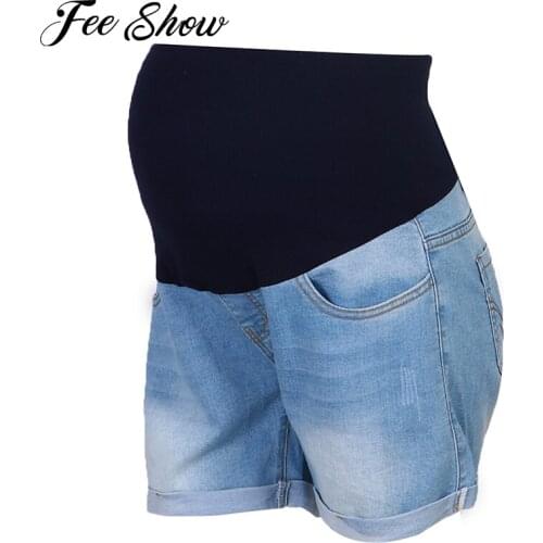 Pregnant Women Denim Shorts Summer Fashion High Waist Support Belt Maternity Shorts Pregnancy Pants with Pockets Mommy Clothing