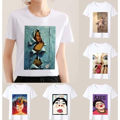 T-shirt Womens Summer Casual Basic Top Round Neck Commuter Soft Breathable Retro Fun Fashion Street Art Printing Series T-shirt