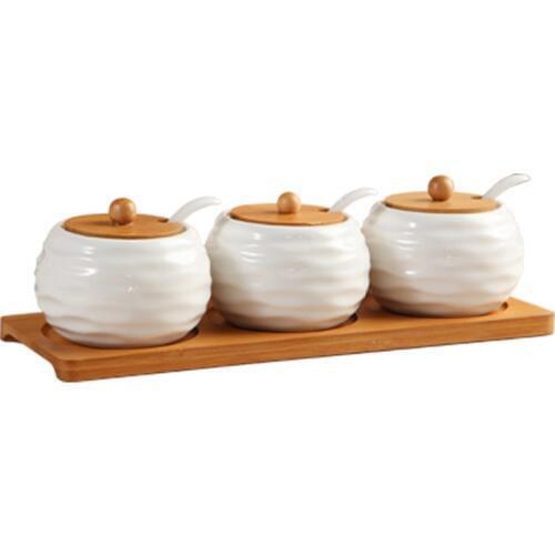 Ceramic Spice Jar Spices China Porcelain Goods Tank Kitchen Seasoning Box Bottle Sets 3 Cans 3 Ceramic Spoons 1 Tary salt pot