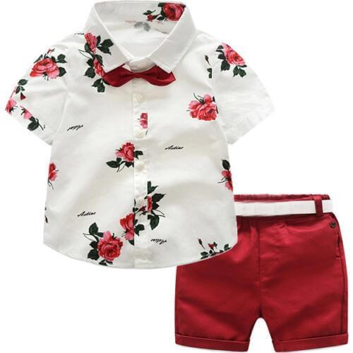 2019 boys fashion clothing sets summer gentleman suits kids short sleeve print shirt + shorts 2pcs children clothes no belt
