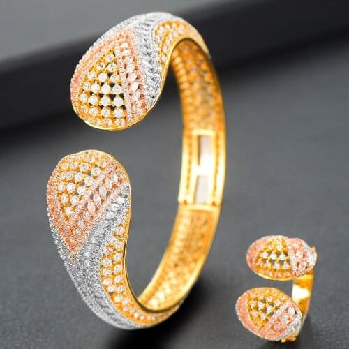 LARRAURI 2PCS Dubai African Wedding Jewelry Sets Luxury CZ Zircon Geometric Bracelets/Ring For Women Jewelry Sets Accessories